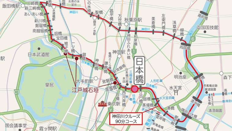 神田川クルーズのルート地図です