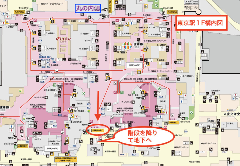 東京駅１Fの構内図。東京おかしランドへの順路。