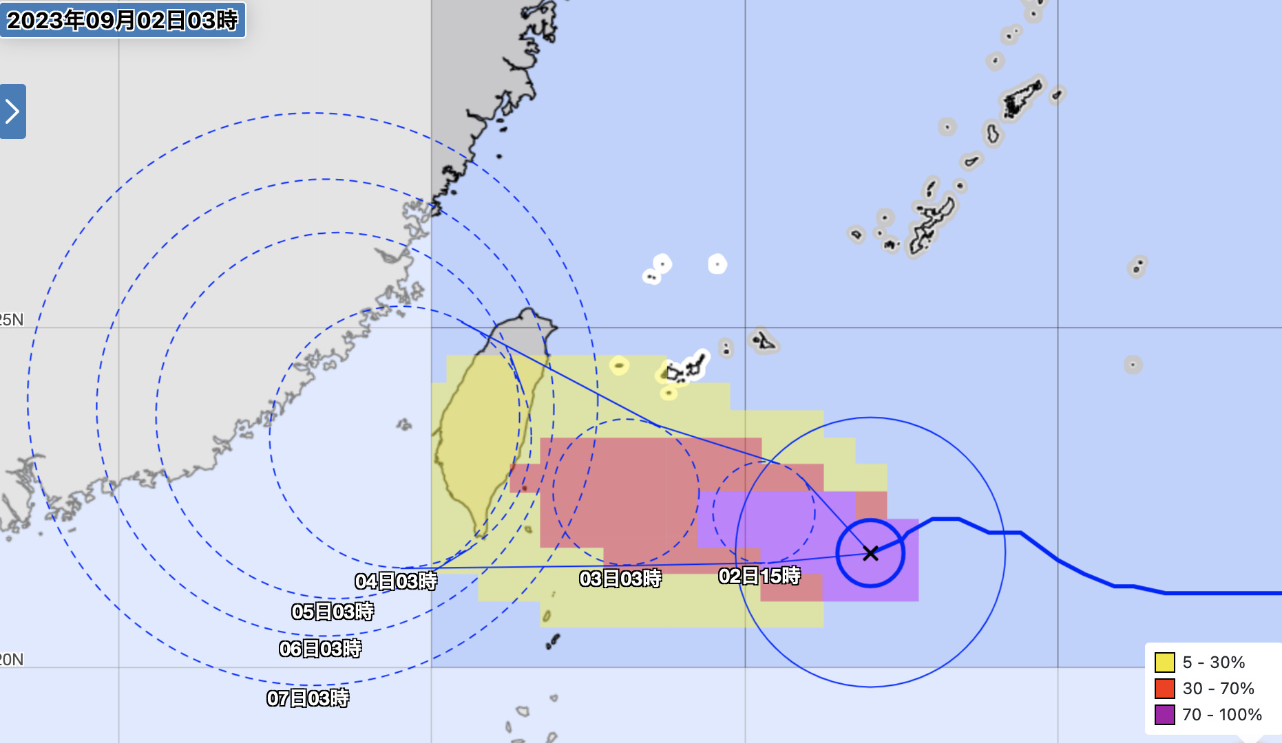 気象庁による台風11号の暴風域に入る確率図