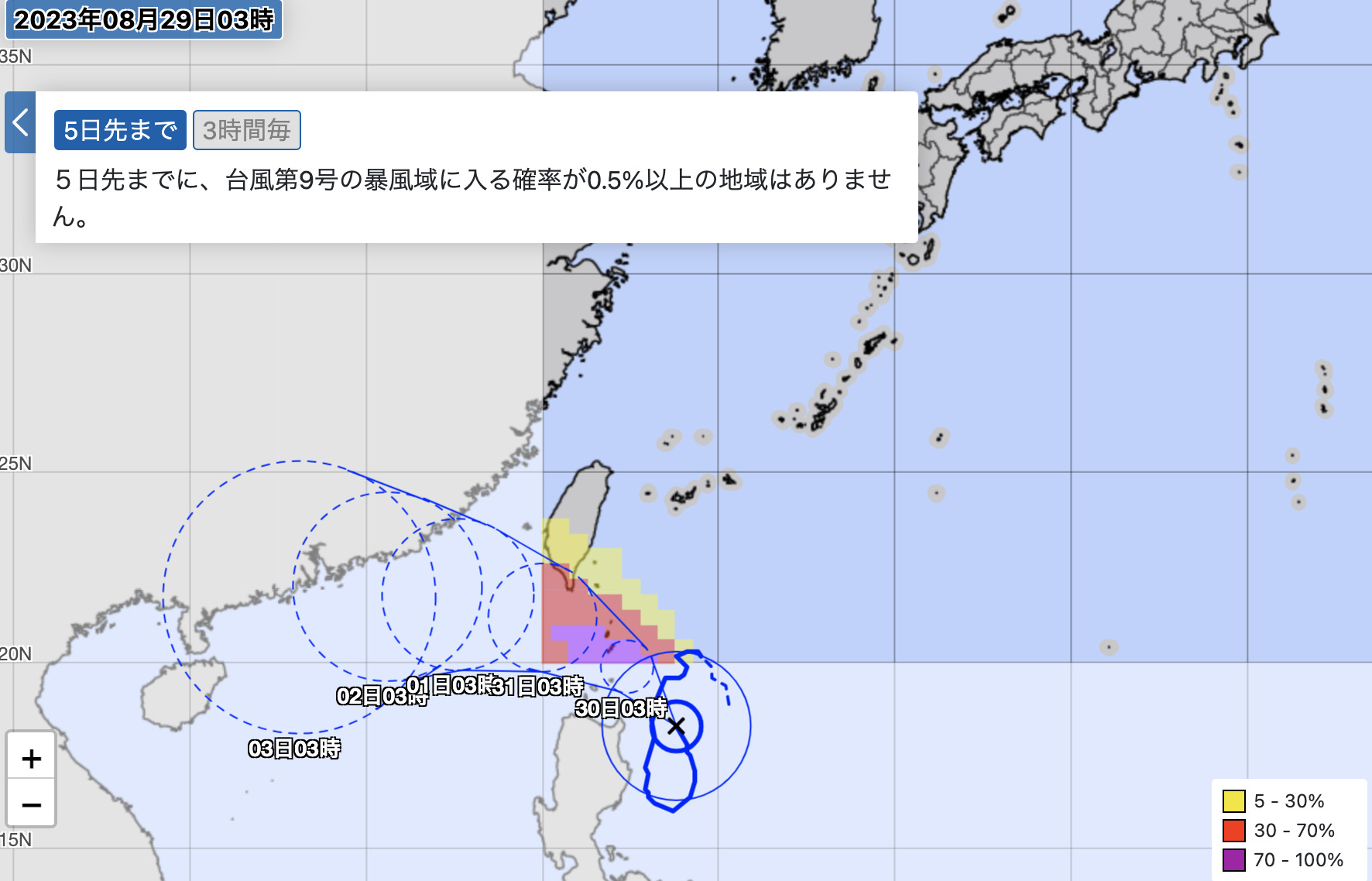 気象庁による台風9号の暴風域に入る確率図