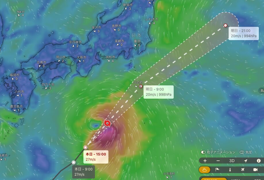 台風1号のwindyによる進路予測画像