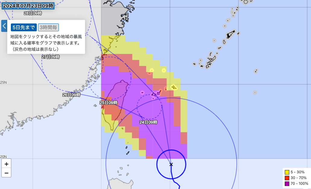 台風3号の気象庁による暴風域に入る確率