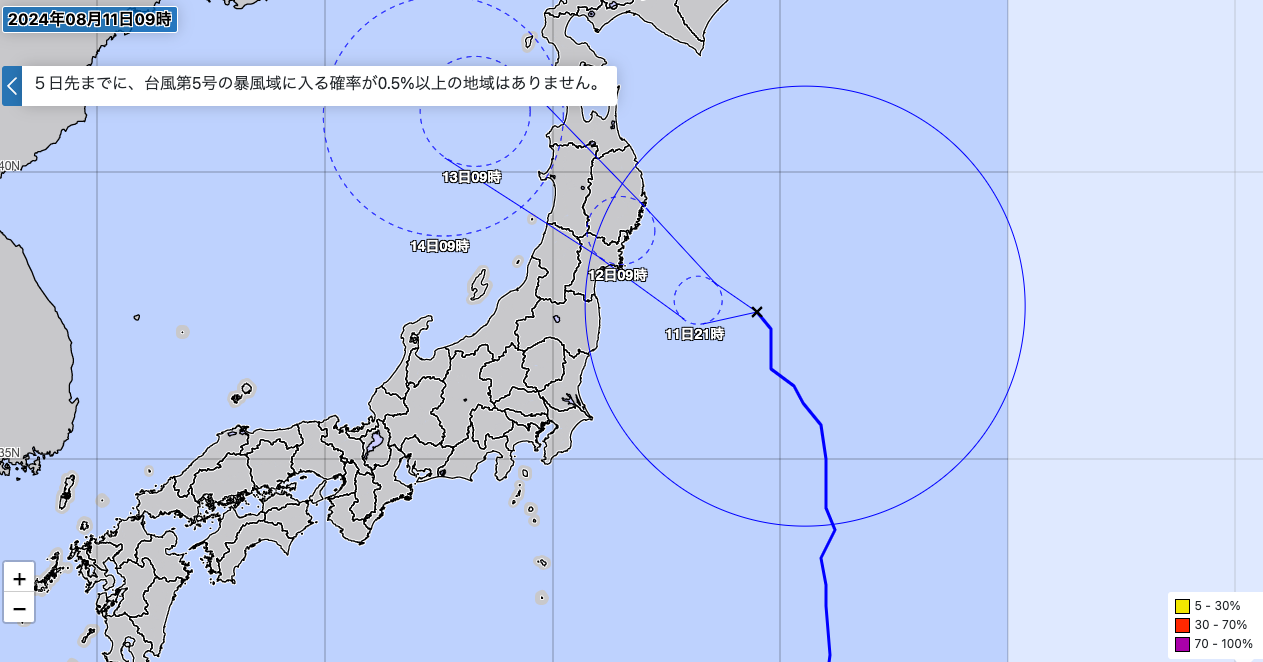 気象庁による台風5号の暴風域に入る確率図