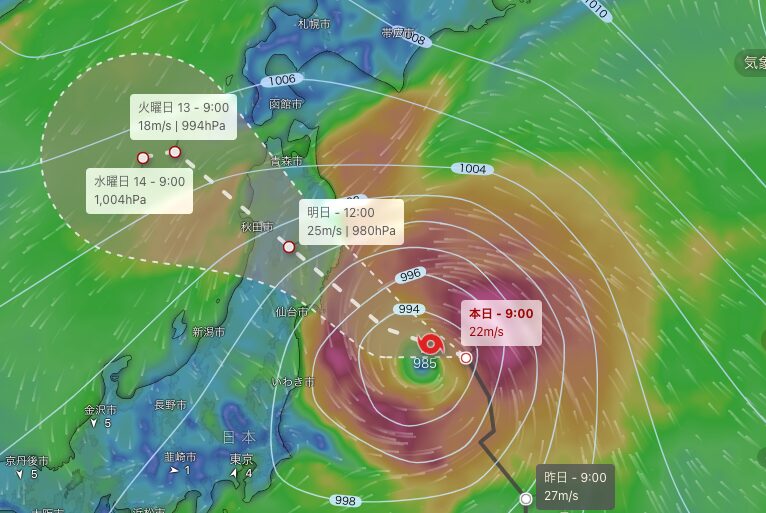 台風5号のwindyによる進路予測画像