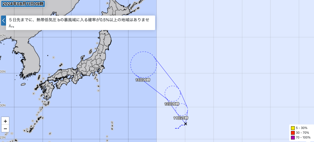 気象庁による台風6号の暴風域に入る確率図