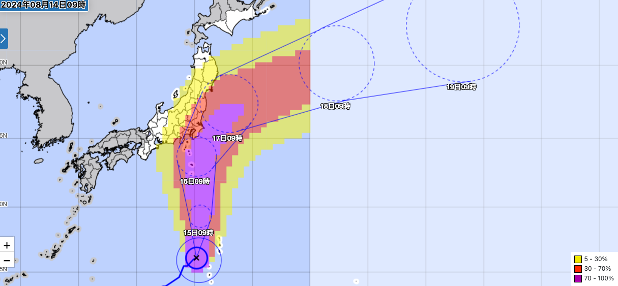 気象庁による暴風域に入る確率図（台風7号）