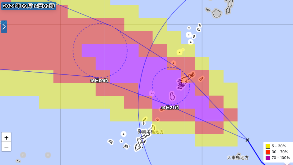 気象庁による暴風域に入る確率図（台風13号）